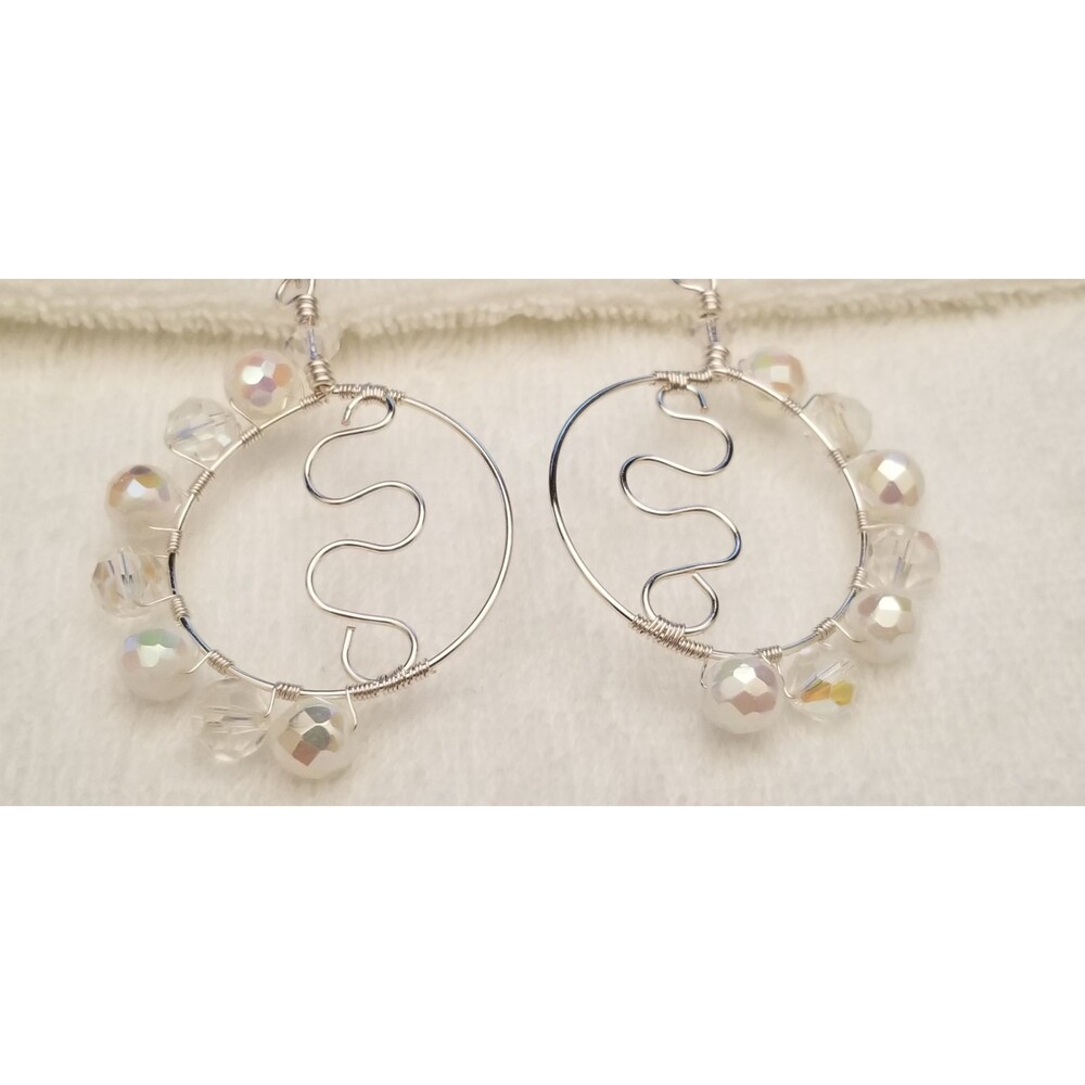 Handmade Silver Tone Wire Hoop Earrings with Clear Beads